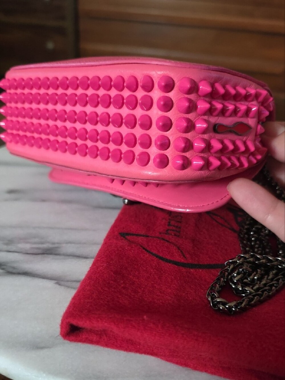 Christian Louboutin "Sweet Charity" Hot Pink Spike-Trim Bow Crossbody Bag 💖 - Picture 11 of 17